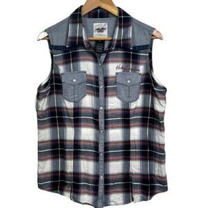 Harley Davidson  XL Sleeveless Blue Plaid Pearl Snap Lace Trim Flannel Shirt
